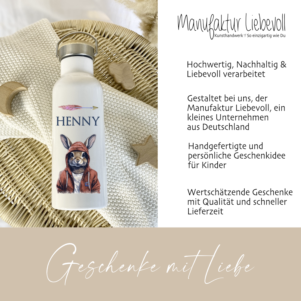 Trinkflasche Hase mit Namen als Kindergeschenkidee