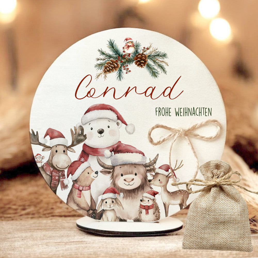 Personalisierte Weihnachtsdeko mit Namen – Holzaufsteller mit Jutesäckchen – Geschenk für Kinder, Mädchen & Jungen – Geldgeschenk Weihnachten, Nikolaus, Julklapp