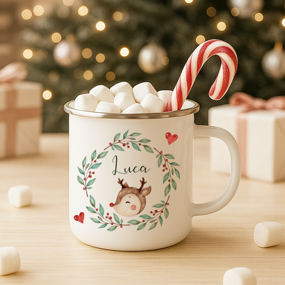Personalisierte Emaille Tasse Weihnachten mit Namen – Kinder Becher Rentier & Herz Motiv – Geschenkidee Advent, Nikolaus, Weihnachtsgeschenk