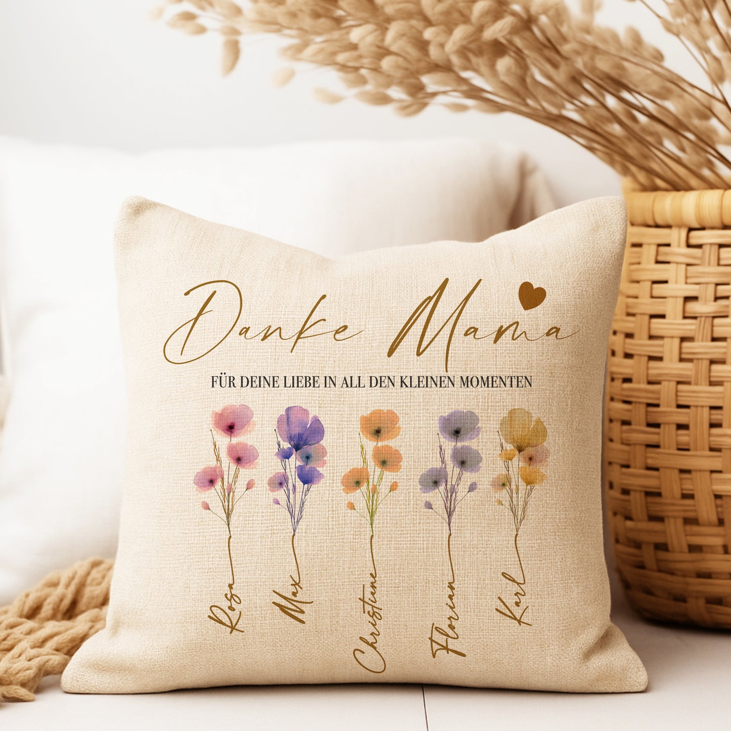 Personalisiertes Kissen mit Namen – Geschenk für Oma, Opa, Mama, Papa, Uroma & Uropa – Aquarell Blumen – Kissen Leinenoptik 40x40 – Familiengeschenk mit Enkelnamen – Danke oder Beste/r