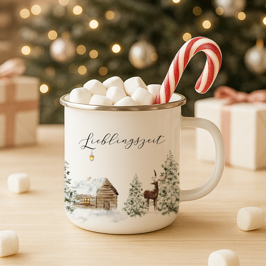 Emaille Tasse Lieblingszeit – Winter Becher mit Hirsch & Hütte – Geschenkidee Weihnachten & Advent