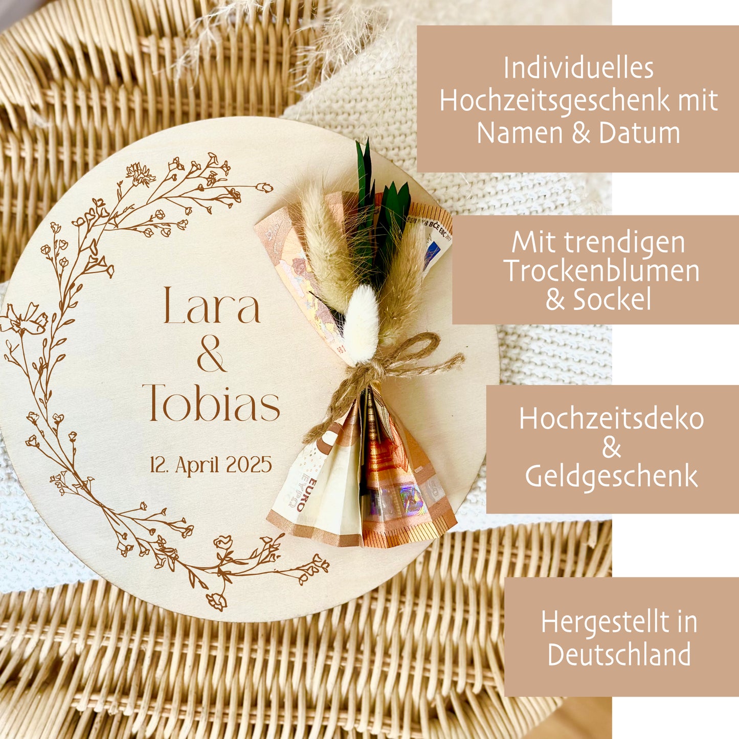 Personalisiertes Hochzeitsgeschenk Geld Geschenk aus Holz zur Hochzeit Geldgeschenk mit Namen u. Datum, Geschenk Hochzeit Tisch Deko Boho