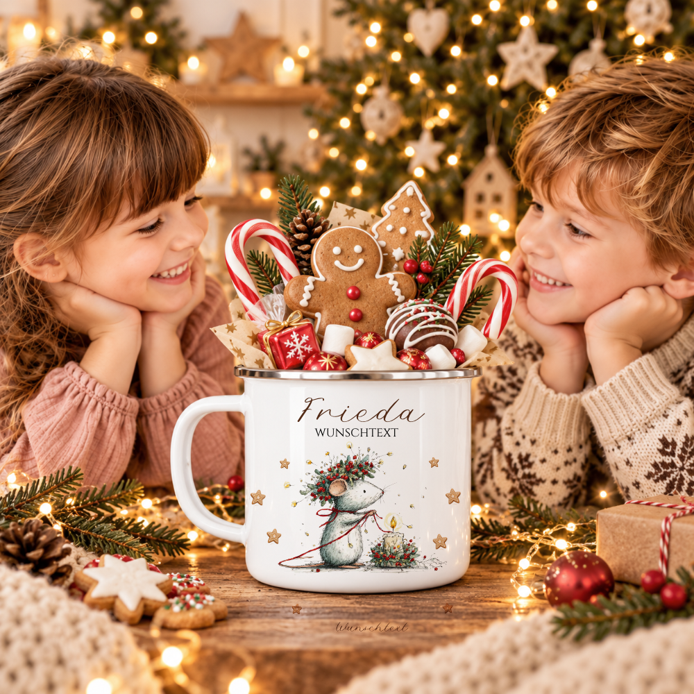 Emaille Tasse personalisiert mit Namen – 4 süße Weihnachtsmäuse
