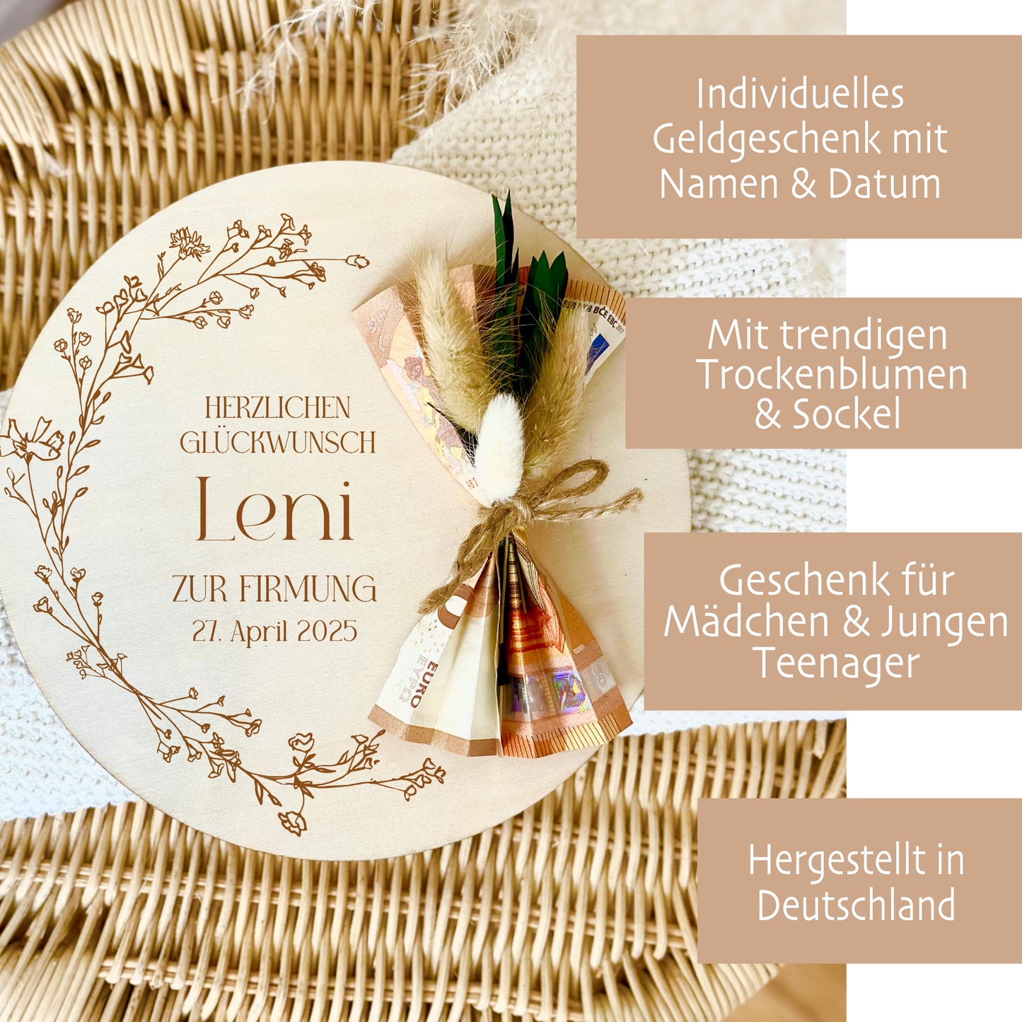Personalisiertes Geldgeschenk aus Holz zur Konfirmation mit Name Kommunion Geschenk Jugendweihe Geld Geschenk Firmung für Mädchen u. Jungen