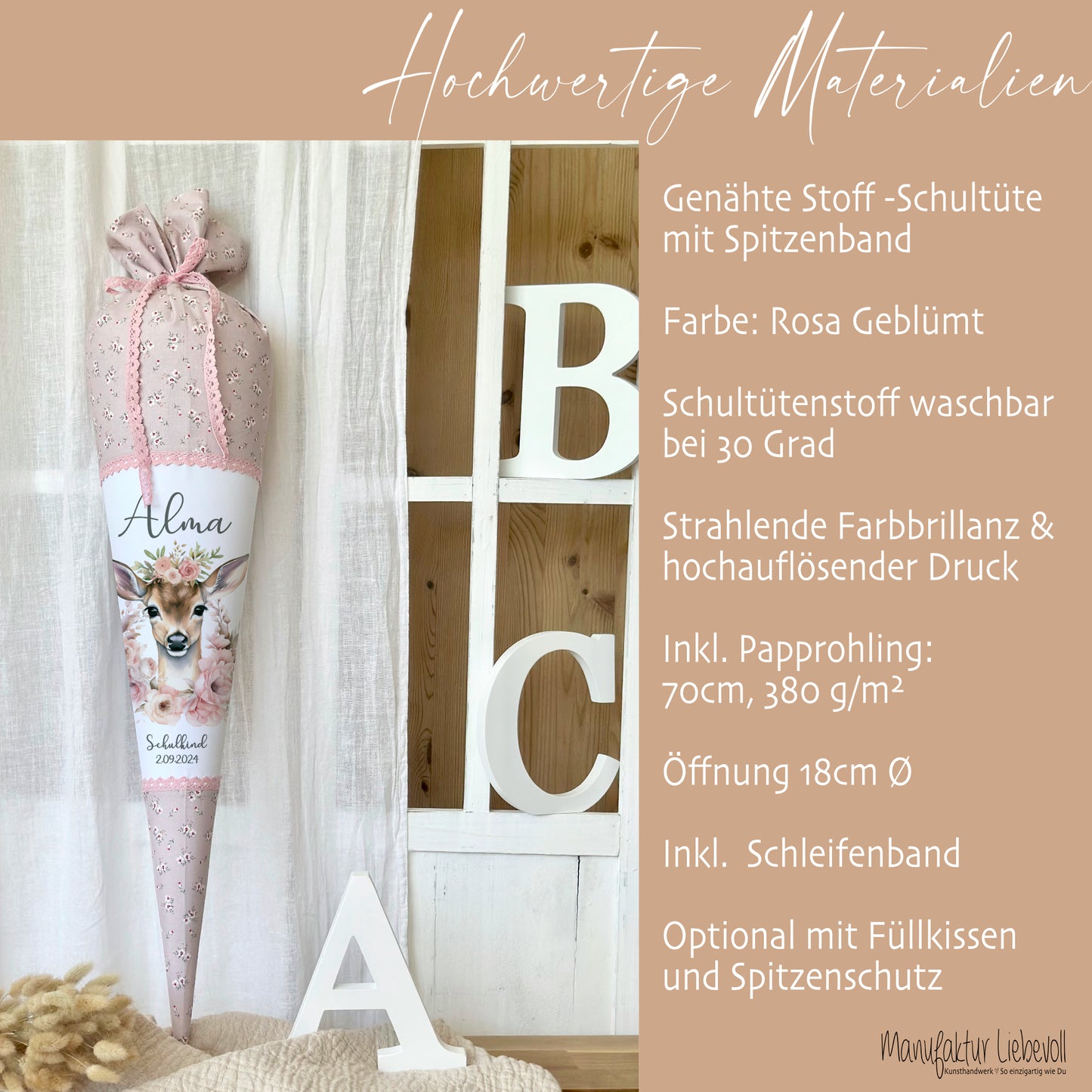 Reh Schultüte Mädchen personalisiert - Rehkitz Schultüte mit Namen - Bambi Stoff Schultüte Einschulung  Geschenk – rosa boho Schultüte