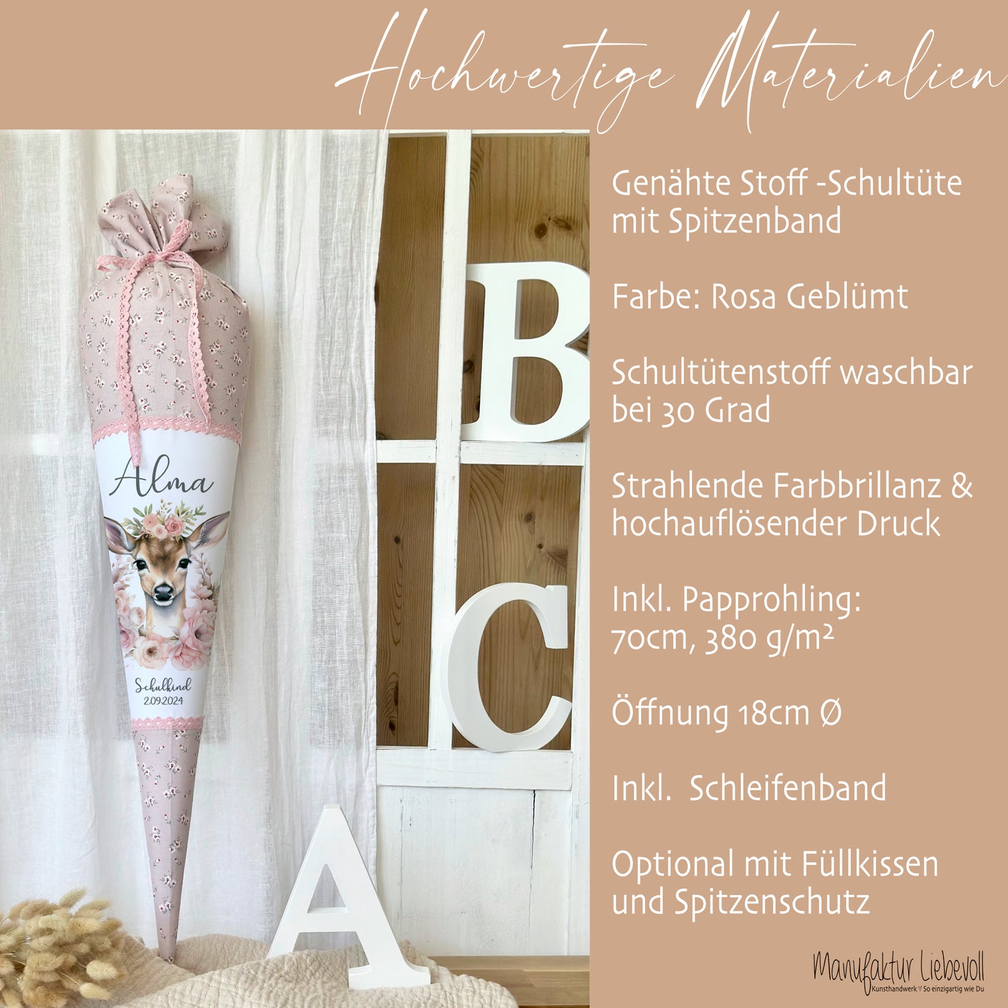 Personalisierte rosa Stoff Zuckertüte Rehkitz Schultüte Bambi für Mädchen mit Namen Einschulungstüte Einschulung Datum Blumen Füllkissen 70 cm I Optional mit Füllkissen und Spitzenschutz