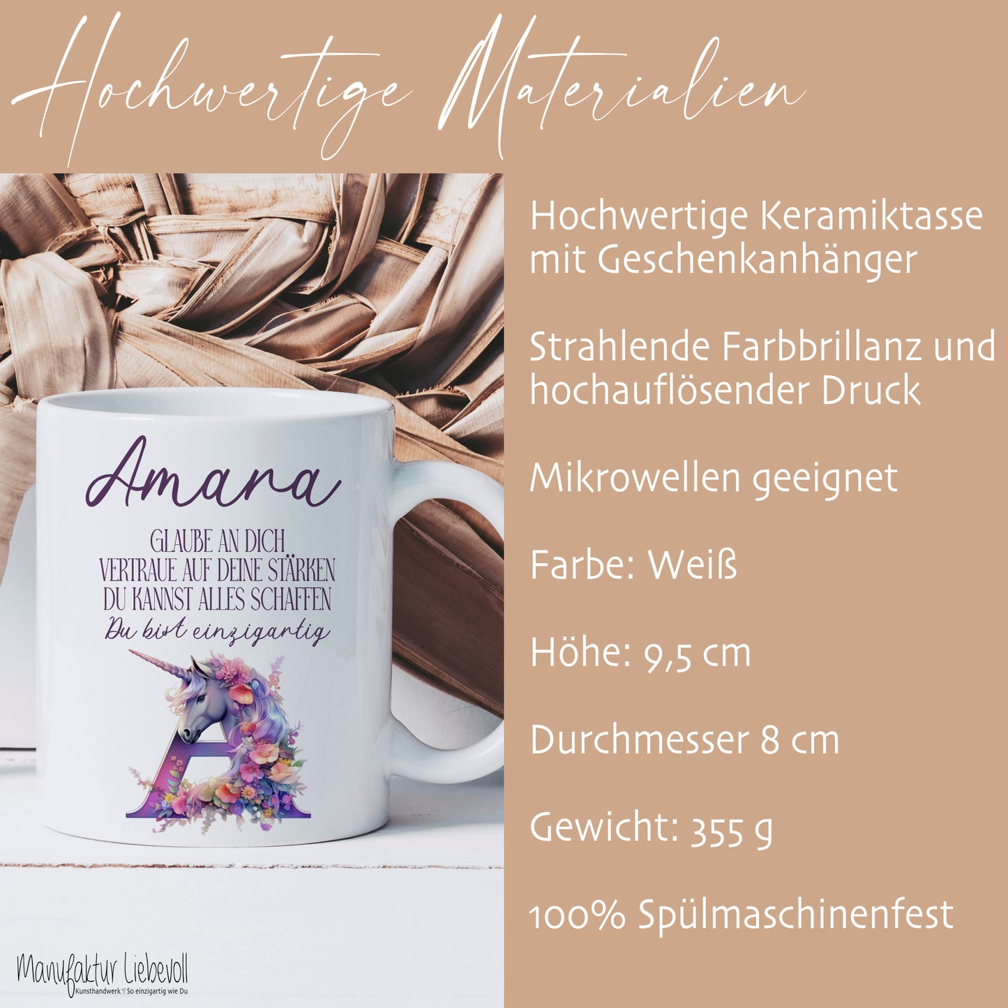 Einhorn Tasse mit Namen und Buchstaben für Mädchen als GeschenkEinhorn Tasse mit Namen und Buchstaben für Mädchen als Geschenk