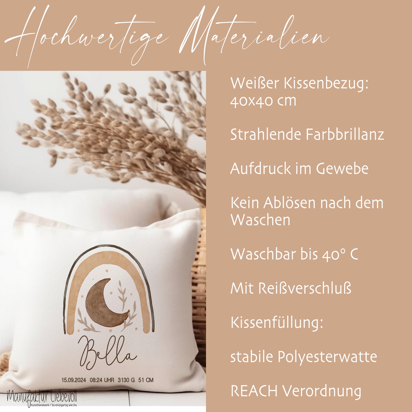 Personalisiertes Kissen mit Boho Regenbogen | Geschenk mit Namen für Mädchen und Jungen | Kissen mit Geburtsdaten für Neugeborene