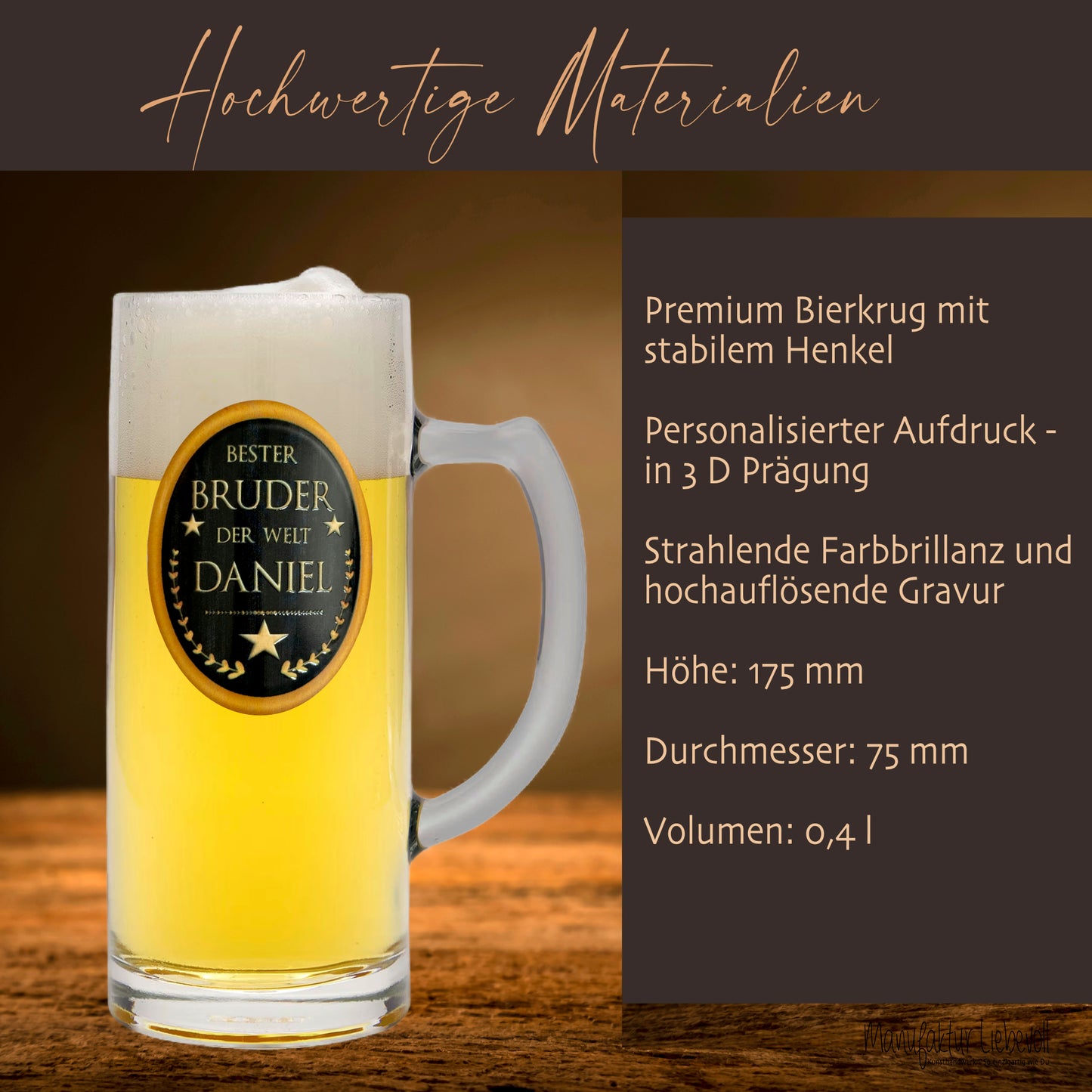 Bierglas Gravur Bruder Name Geschenk Geburtstag Bierkrug personalisiert Geburtstagsgeschenk Bester Bruder der Welt