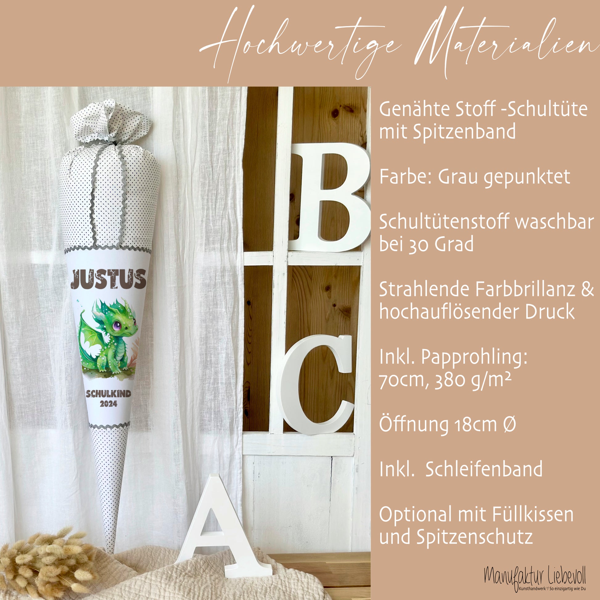 Stoff Schultüte Drache mit Namen für Jungen zur Einschulung