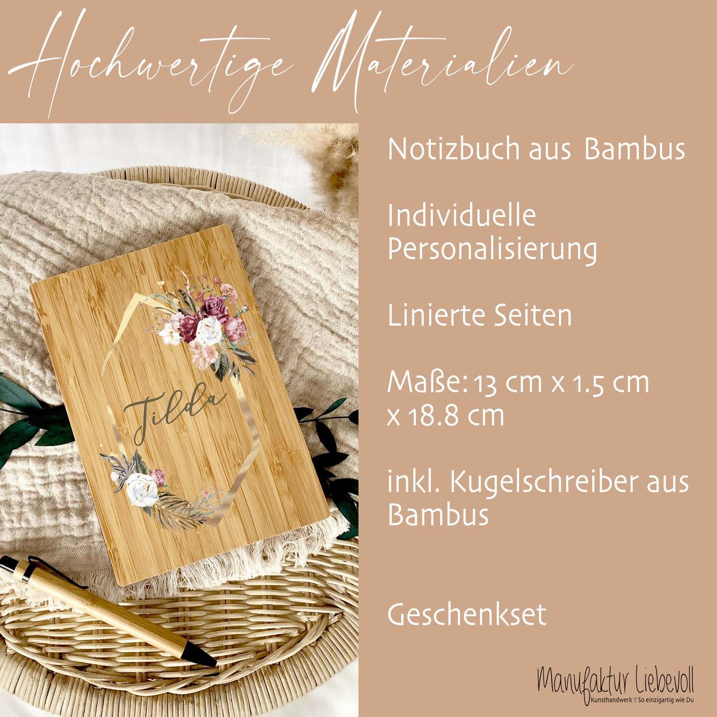 Boho Notizbuch mit Namen und Blumenkranz | Personalisiertes Buch aus Bambus und Kugelschreiber | Persönliche Geschenkidee für Sie