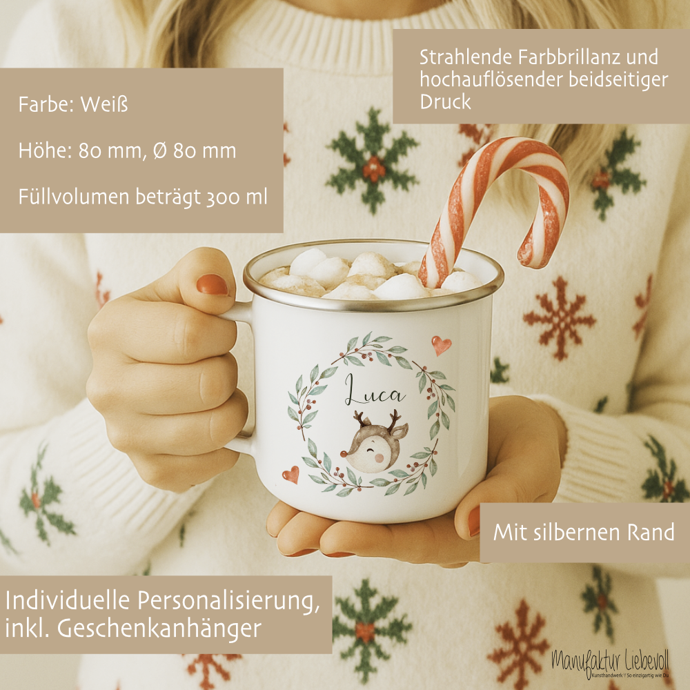 Personalisierte Emaille Tasse Weihnachten mit Namen – Kinder Becher Rentier & Herz Motiv – Geschenkidee Advent, Nikolaus, Weihnachtsgeschenk