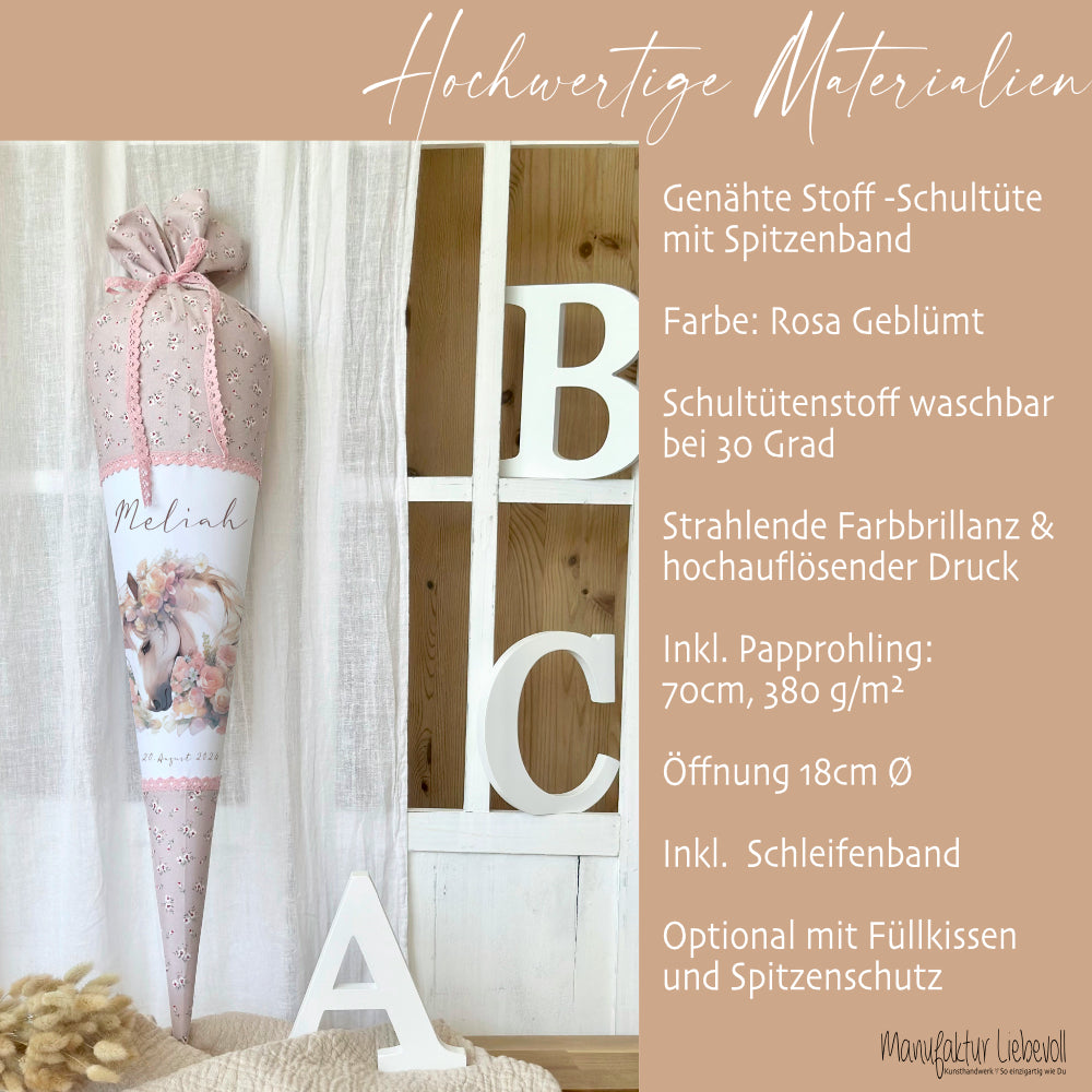 Personalisierte rosa Stoff Zuckertüte Pferd Schultüte Pony für Mädchen mit Namen Einschulungstüte Einschulung Datum Blumen Füllkissen 70 cm I Optional mit Füllkissen und Spitzenschutz
