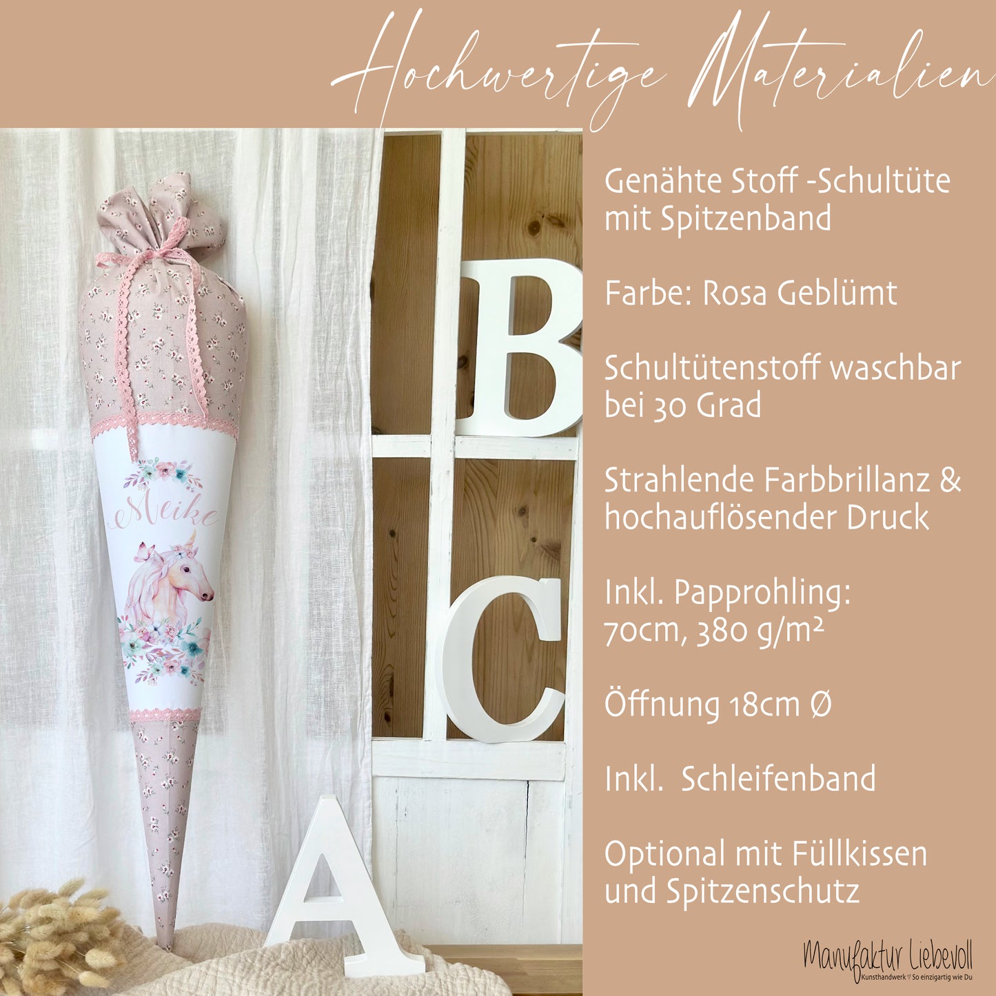 Schultüte "Einhorn" mit Namen handgefertigt | Schöne Stoffschultüte zur Einschulung für Mädchen mit geblümten Stoff | Optional mit Füllkissen und Spitzenschutz