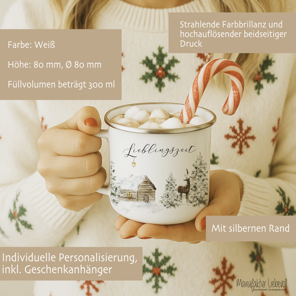 Emaille Tasse Lieblingszeit – Winter Becher mit Hirsch & Hütte – Geschenkidee Weihnachten & Advent
