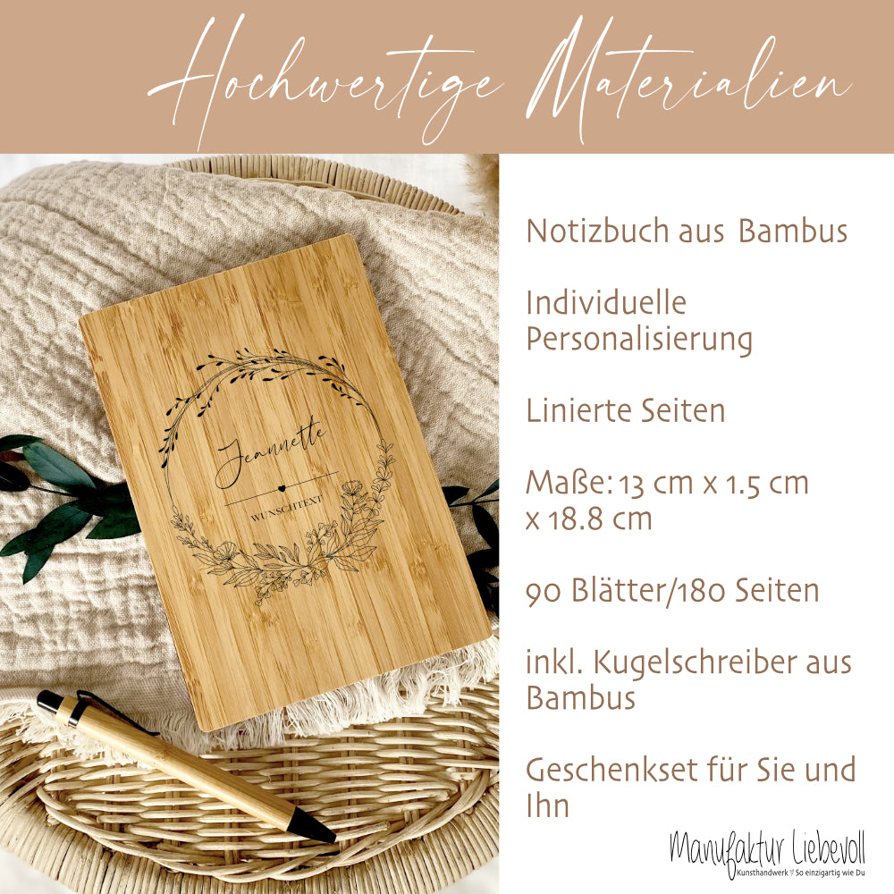 Notizbuch "Wunschtext" mit Namen und Blumenranke | Buch aus Bambus und Kugelschreiber | Persönliche Geschenkidee für Sie u. Ihn