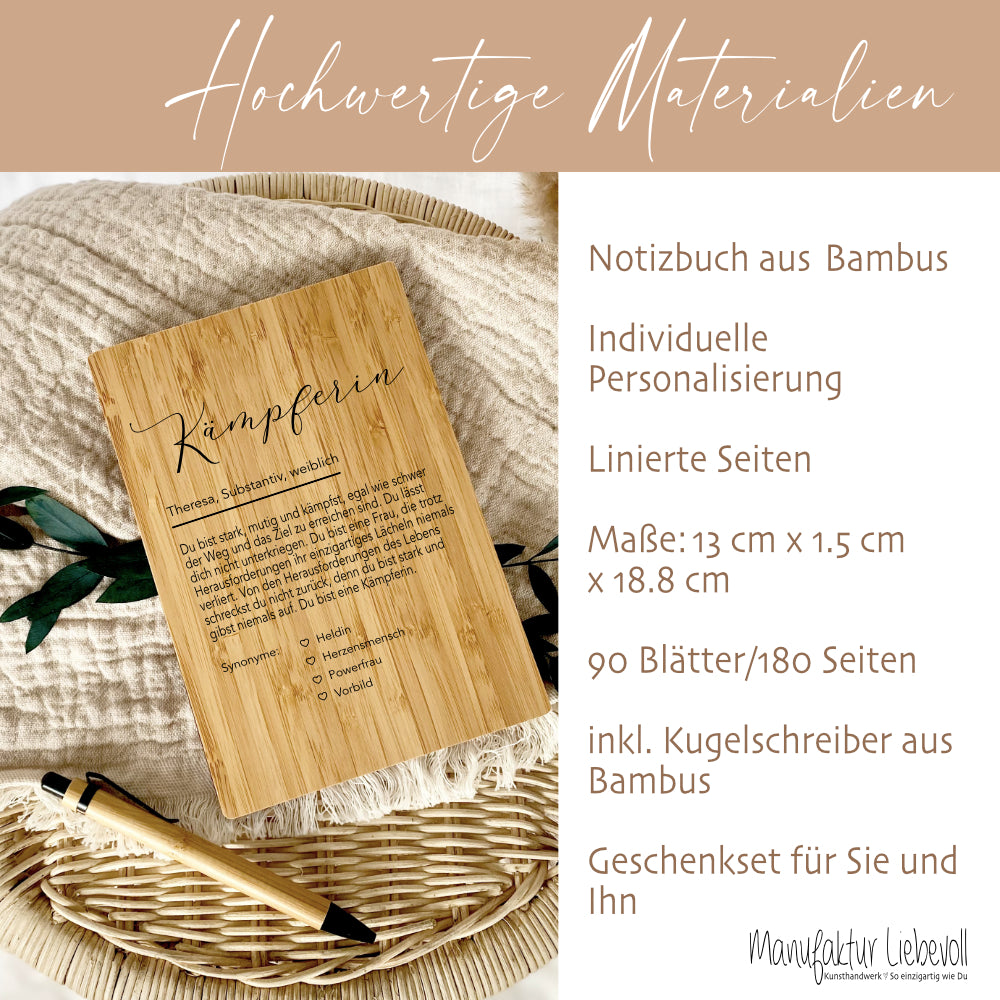 Notizbuch Kämpferin mit Namen Definition Geschenk Frau Freundin Tochter Personalisiert Tagebuch Notizheft Journal