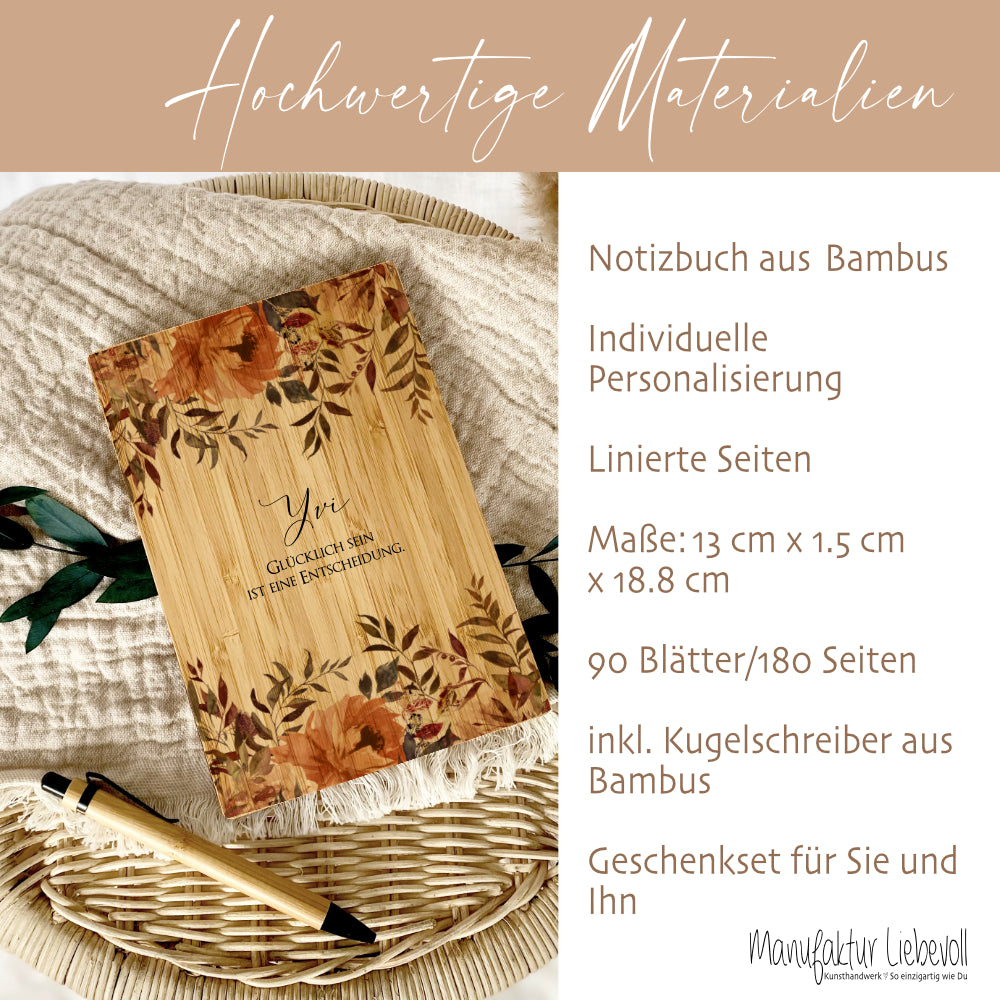 Notizbuch "Glücklich sein" mit Namen und Blumen | Personalisiertes Buch aus Bambus und Kugelschreiber | Persönliche Geschenkidee für Sie