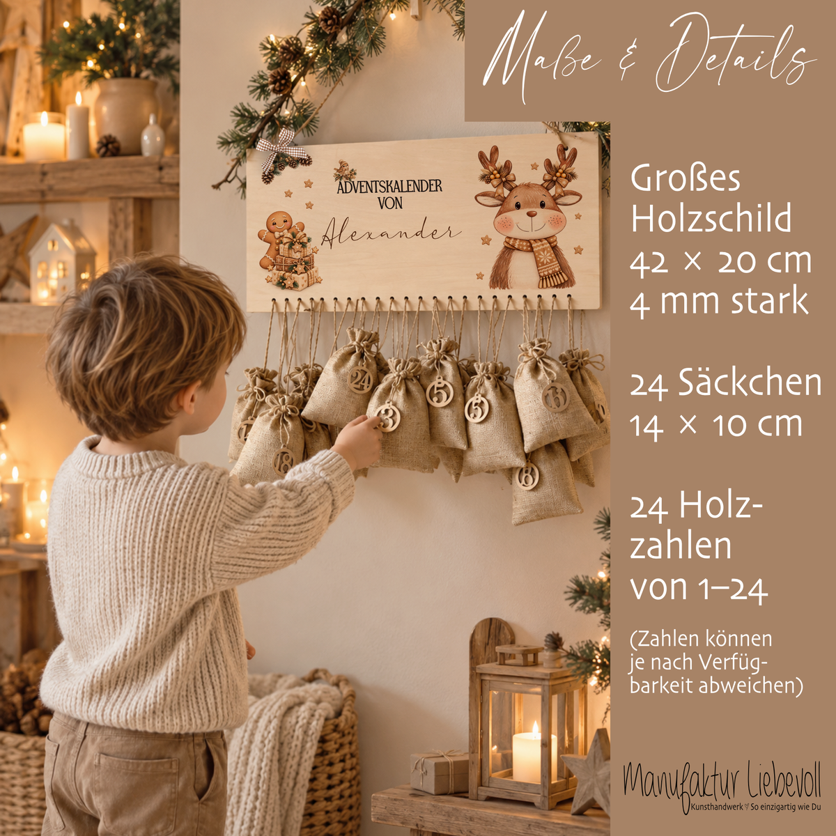 Personalisierter Adventskalender aus Holz mit Namen – 6 Tiermotive
