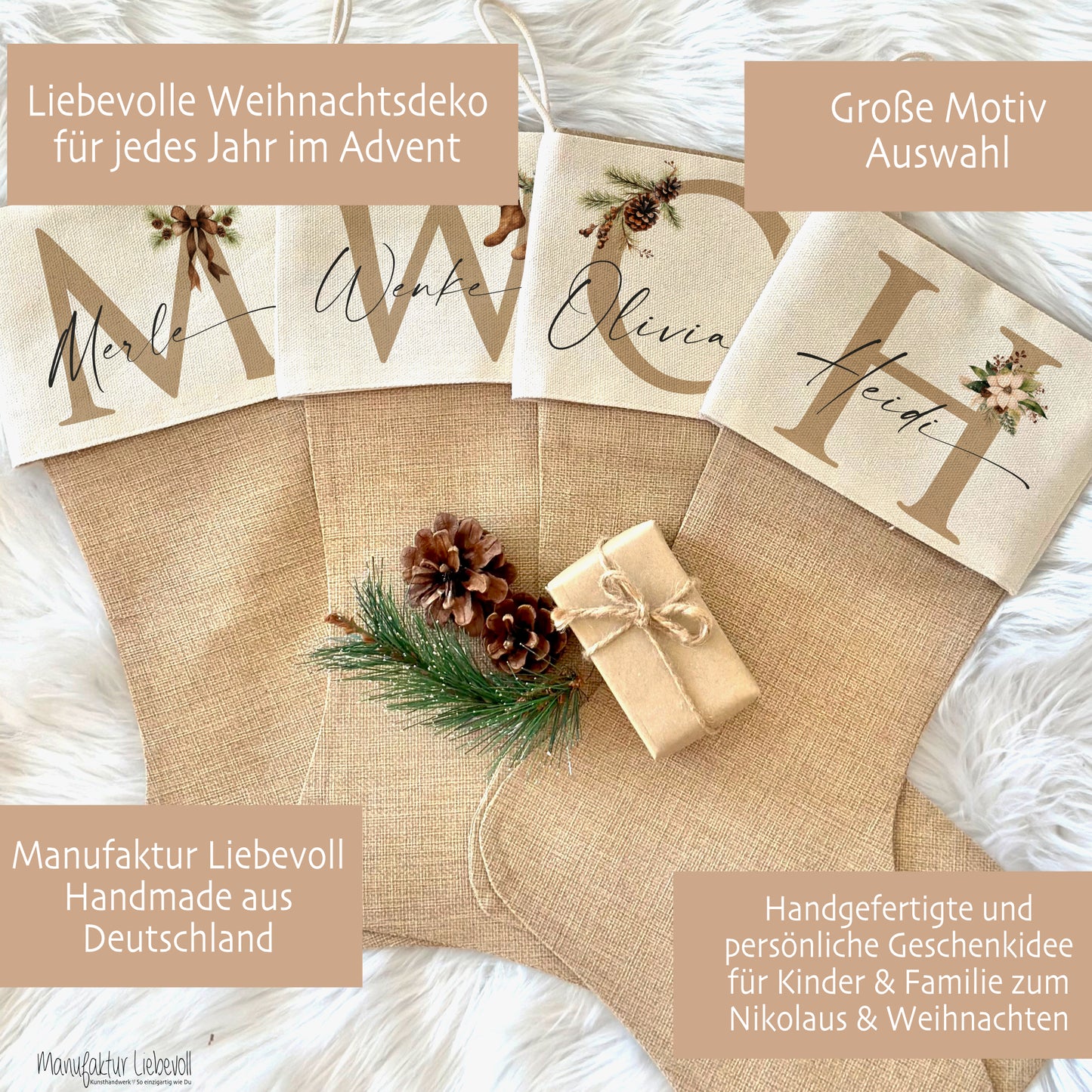 Nikolausstiefel Name & Monogramm I Personalisierter Boho Weihnachtsstiefel I Nikolausstrumpf Weihnachtsgeschenk I 4 Varianten zur Auswahl