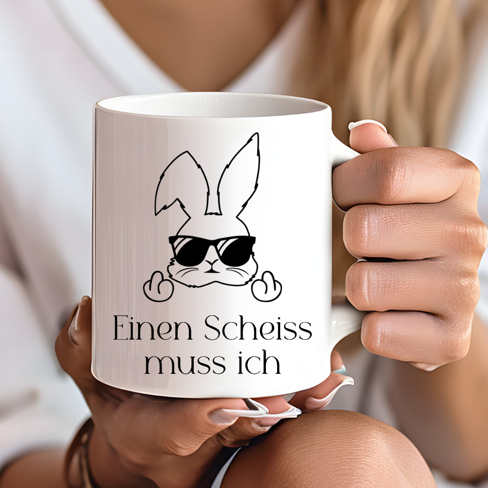 Tasse mit Spruch: Einen Scheiss muss ich | Witzige Ostertasse in Neon mit Osterhasen | 4 Tassenfarben zur Auswahl