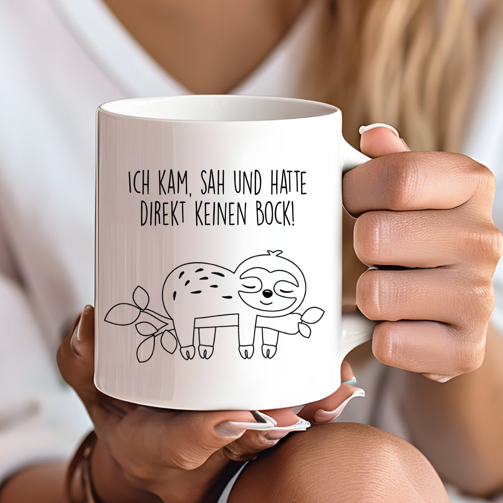 Tasse Faultier mit Spruch: Ich kam, sah und hatte direkt keinen Bock! | 4 Tassenfarben zur Auswahl