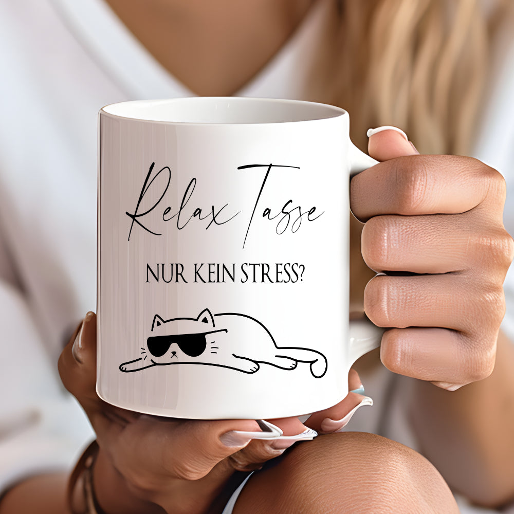 Relax Tasse Nur kein Stress, Katzen Tasse mit Spruch | 4 Tassenfarben zur Auswahl