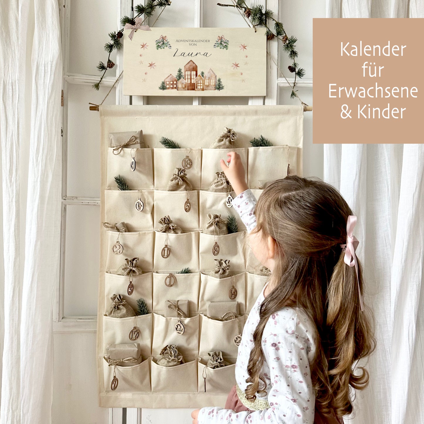 Boho Adventskalender mit Namen personalisiert vintage Stoff Adventskalender zum Befüllen Kalender Geschenk Frauen Männer Kinder Familie