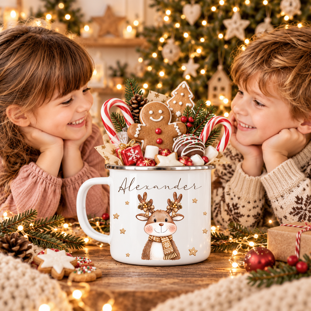 Kindertasse mit Namen Weihnachten, Emaille Tasse personalisiert I Nikolausgeschenk Kinder I Weihnachtstasse Mädchen Jungen I 6 Tiermotive