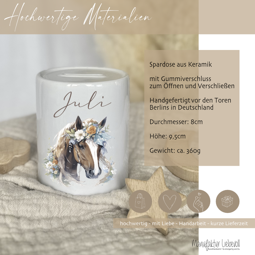 Spardose "Pony" mit Namen für Mädchen | Geschenk für Kinder | Personalisiertes Geldgeschenk I Geschenkidee zum Geburtstag | 10 Motive zur Auswahl