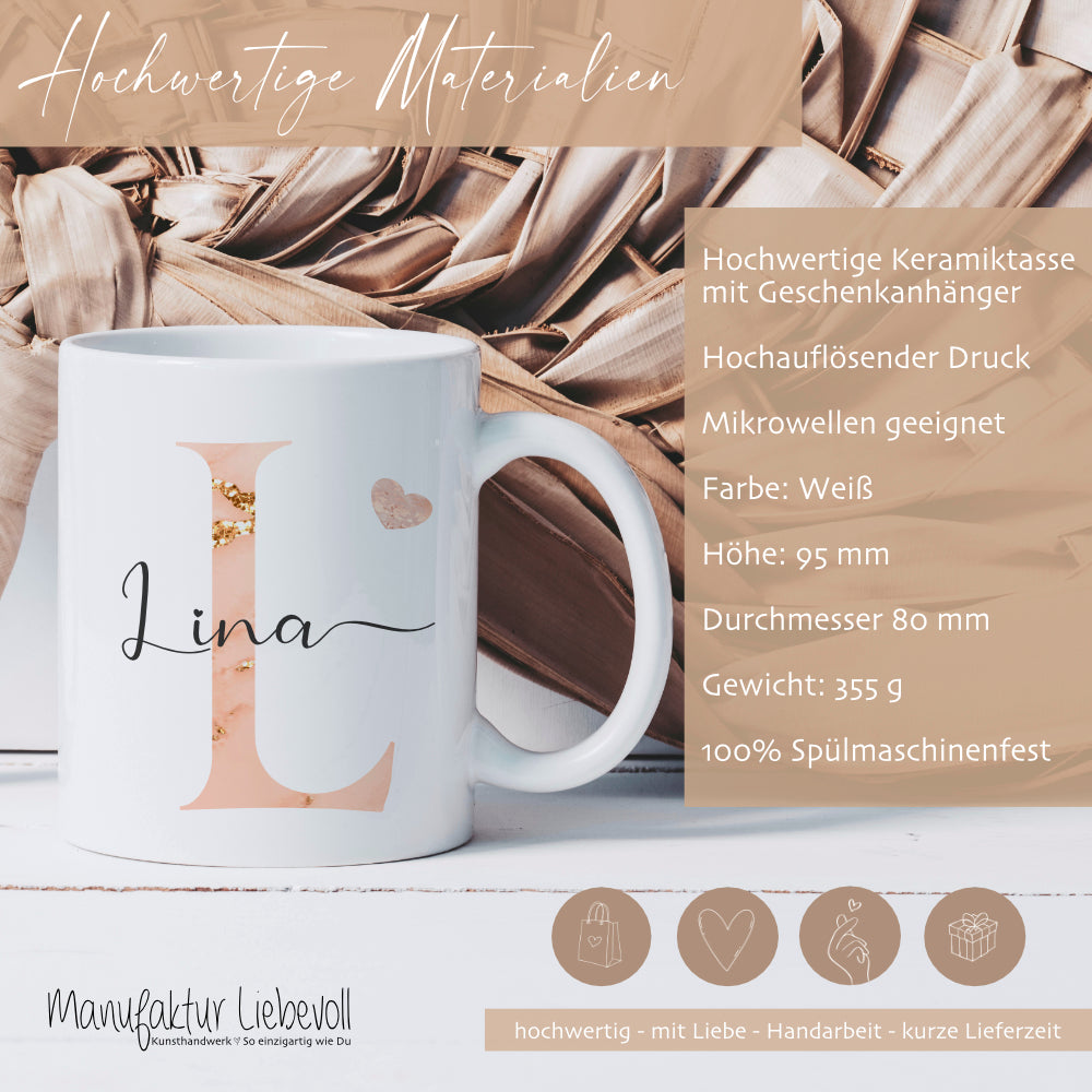 Tasse mit Buchstabe und Name für Sie und Ihn | Kaffeetasse aus Keramik | 2 Motivvarianten zur Auswahl