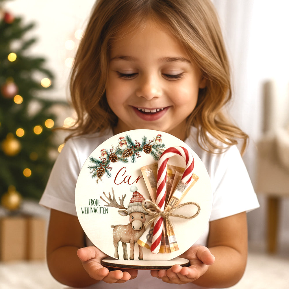 Personalisierte Weihnachtsdeko mit Namen – Holzaufsteller mit Jutesäckchen – Geschenk für Kinder, Mädchen & Jungen – Geldgeschenk Weihnachten, Nikolaus, Julklapp
