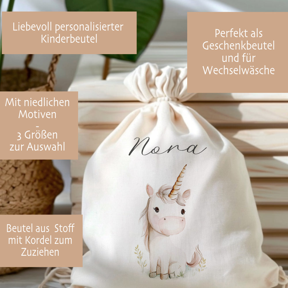 Personalisierter Zuziehbeutel für Kinder | Motive: Prinzessin, Einhorn, Märchen