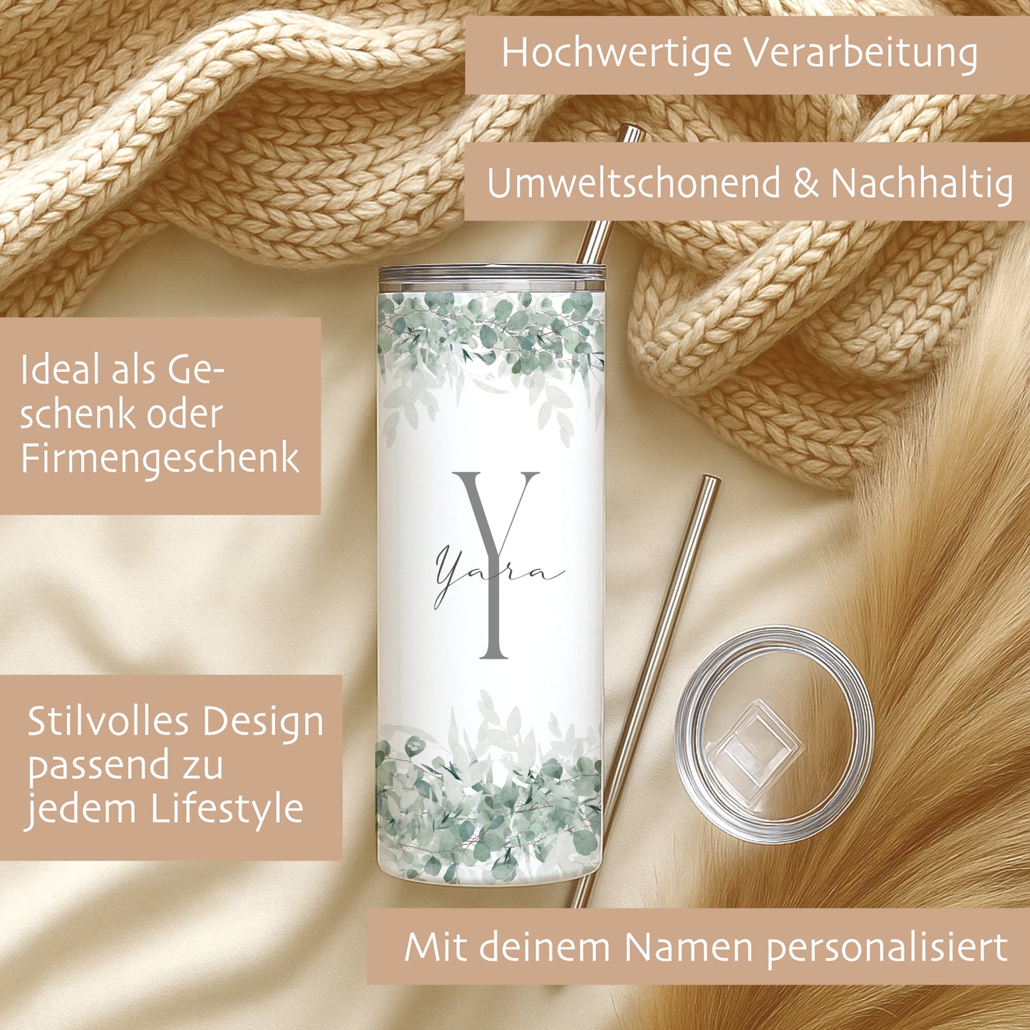 Personalisierter Edelstahl Thermobecher mit Namen & Initialen Eukalyptus Design Kaffeebecher to go mit Strohhalm Geschenk für Frauen Mädchen