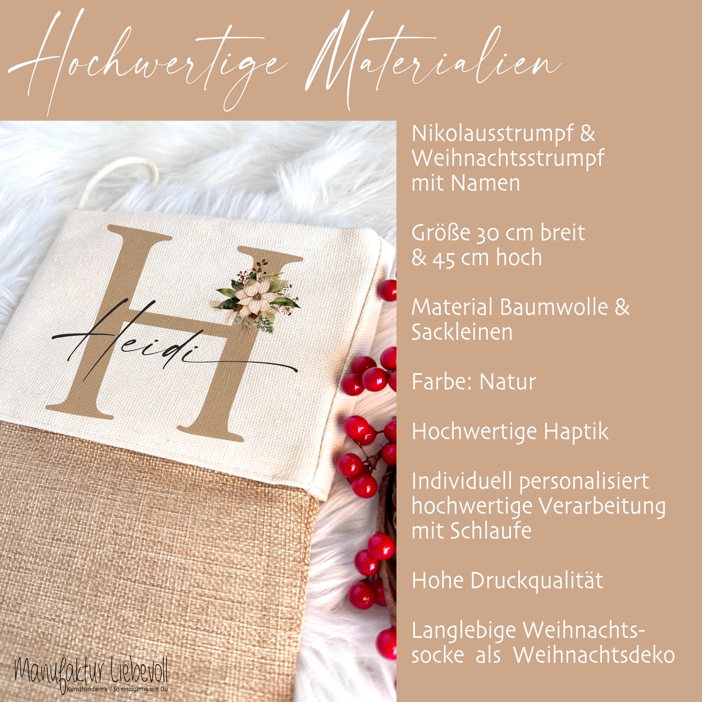 Nikolausstiefel Name & Monogramm I Personalisierter Boho Weihnachtsstiefel I Nikolausstrumpf Weihnachtsgeschenk I 4 Varianten zur Auswahl