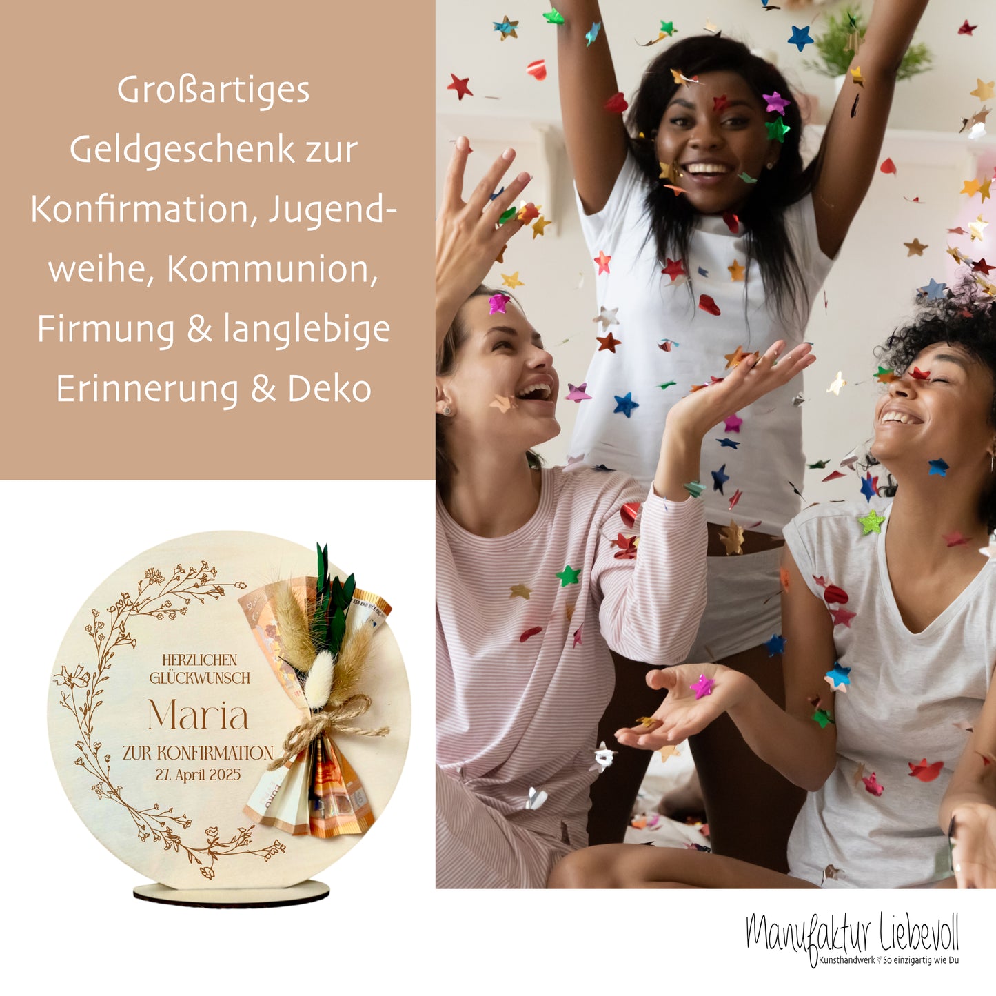 Personalisiertes Geldgeschenk aus Holz zur Konfirmation mit Name Kommunion Geschenk Jugendweihe Geld Geschenk Firmung für Mädchen u. Jungen