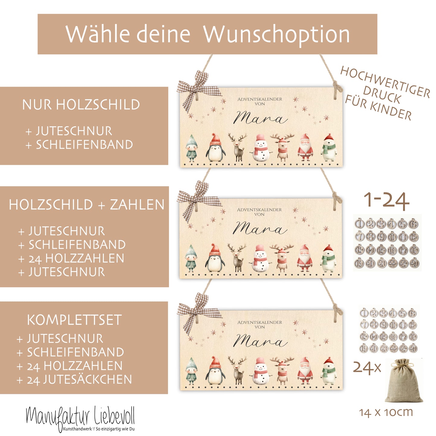 Adventskalender für Kinder Personalisiert mit Namen zum Befüllen mit Weihnachsfiguren aus Holz