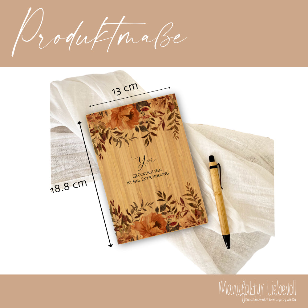 Notizbuch "Glücklich sein" mit Namen und Blumen | Personalisiertes Buch aus Bambus und Kugelschreiber | Persönliche Geschenkidee für Sie