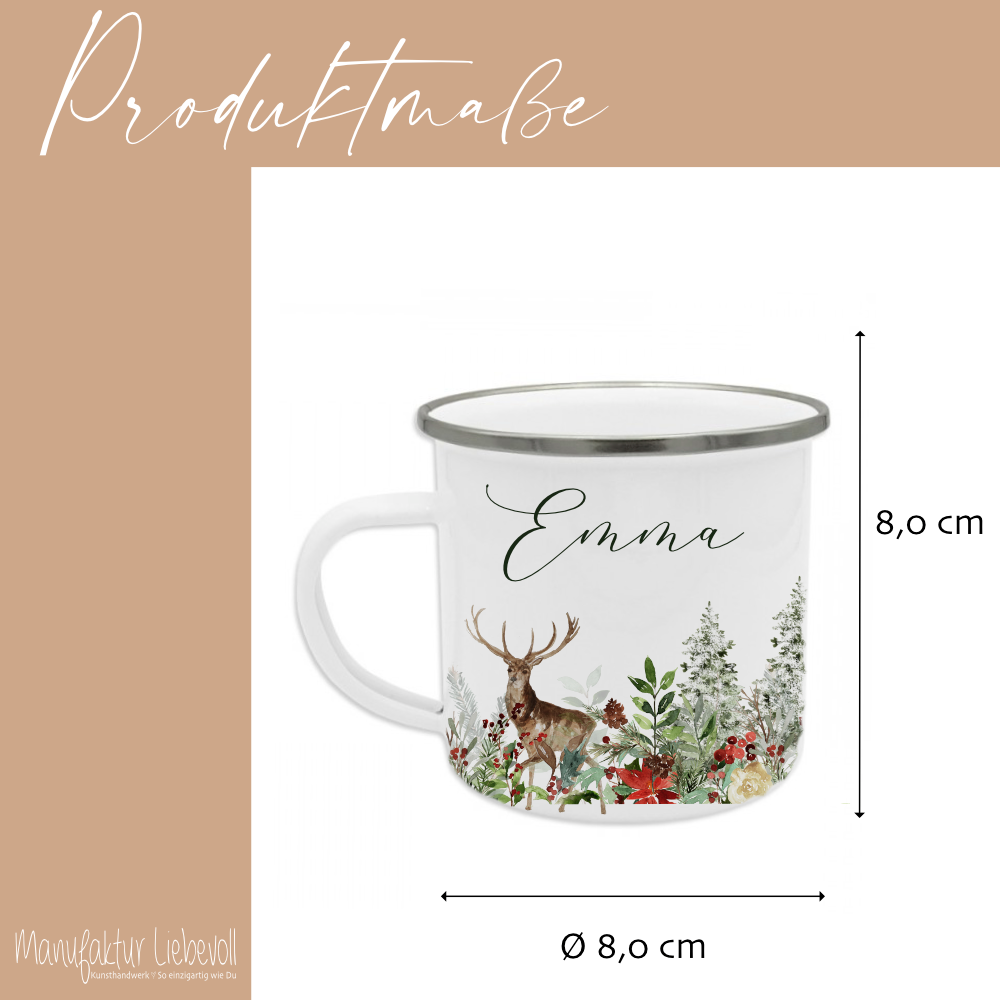 Personalisierte Emaille Tasse Weihnachten mit Namen – Hirsch & Wintermotiv – Geschenkidee Advent & Weihnachtsgeschenk