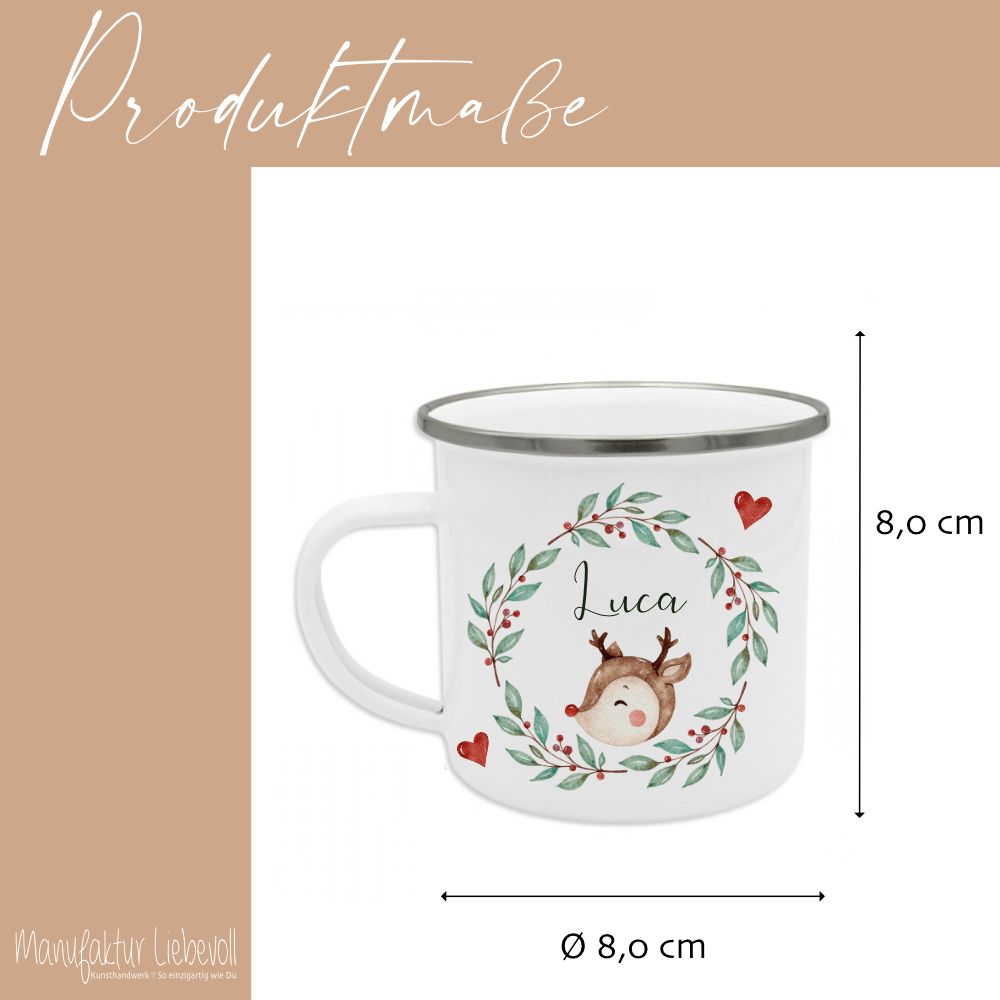 Personalisierte Emaille Tasse Weihnachten mit Namen – Kinder Becher Rentier & Herz Motiv – Geschenkidee Advent, Nikolaus, Weihnachtsgeschenk