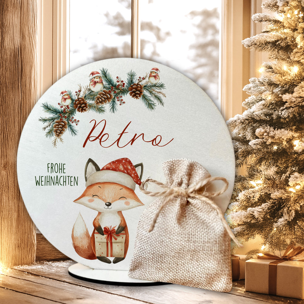 Personalisierte Weihnachtsdeko mit Namen – Holzaufsteller mit Jutesäckchen – Geschenk für Kinder, Mädchen & Jungen – Geldgeschenk Weihnachten, Nikolaus, Julklapp
