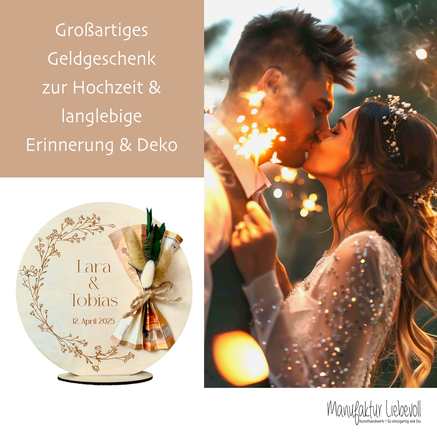 Personalisiertes Hochzeitsgeschenk Geld Geschenk aus Holz zur Hochzeit Geldgeschenk mit Namen u. Datum, Geschenk Hochzeit Tisch Deko Boho