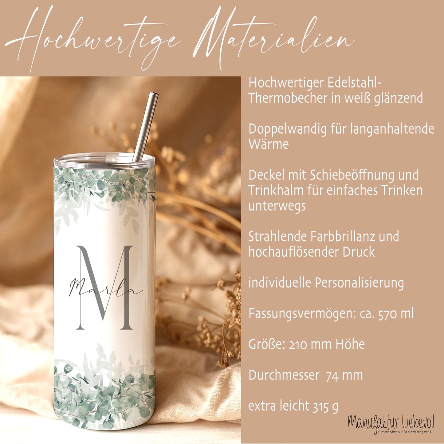 Personalisierter Edelstahl Thermobecher mit Namen & Initialen Eukalyptus Design Kaffeebecher to go mit Strohhalm Geschenk für Frauen Mädchen