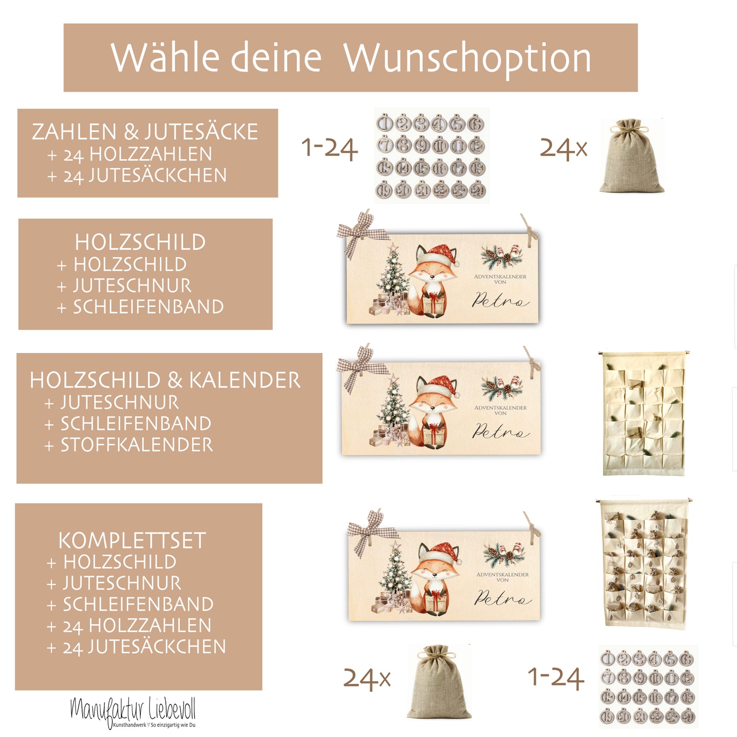 Personalisierter Adventskalender "Fuchs" mit Namen für Kinder Holzschild Zahlen & Jutesäckchen Adventskalender Befüllen für Mädchen Jungen