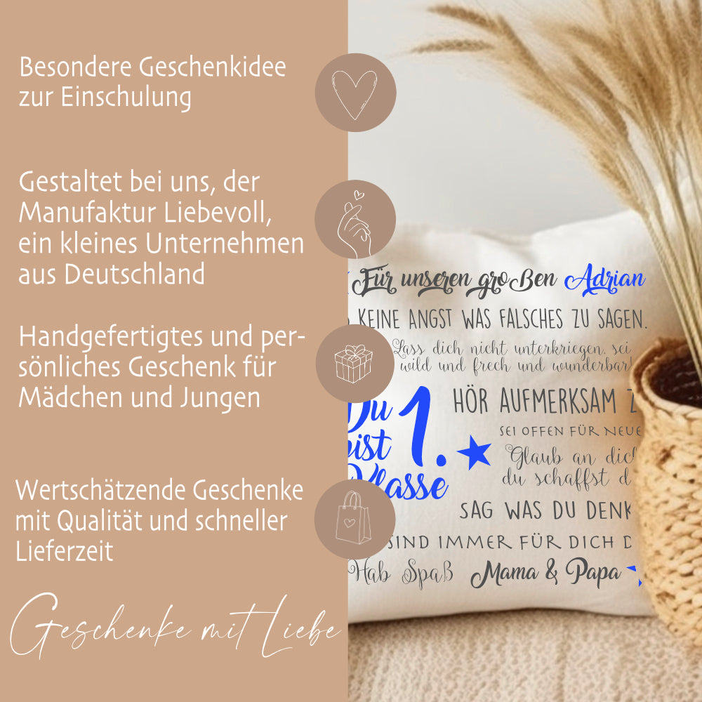 Kissen zur Einschulung "Du bist 1. Klasse" | Personalisiertes Einschulungsgeschenk für Mädchen und Jungen | 4 Varianten zur Auswahl