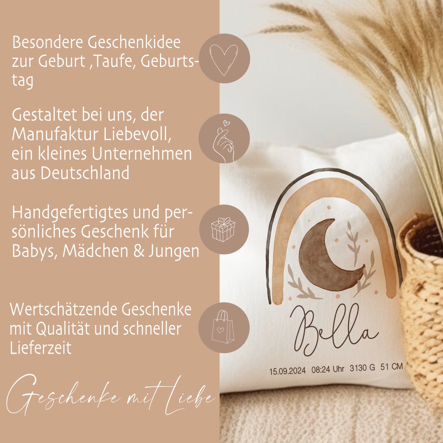 Personalisiertes Kissen mit Boho Regenbogen | Geschenk mit Namen für Mädchen und Jungen | Kissen mit Geburtsdaten für Neugeborene