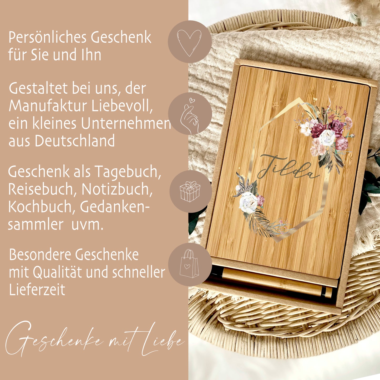 Boho Notizbuch mit Namen und Blumenkranz | Personalisiertes Buch aus Bambus und Kugelschreiber | Persönliche Geschenkidee für Sie