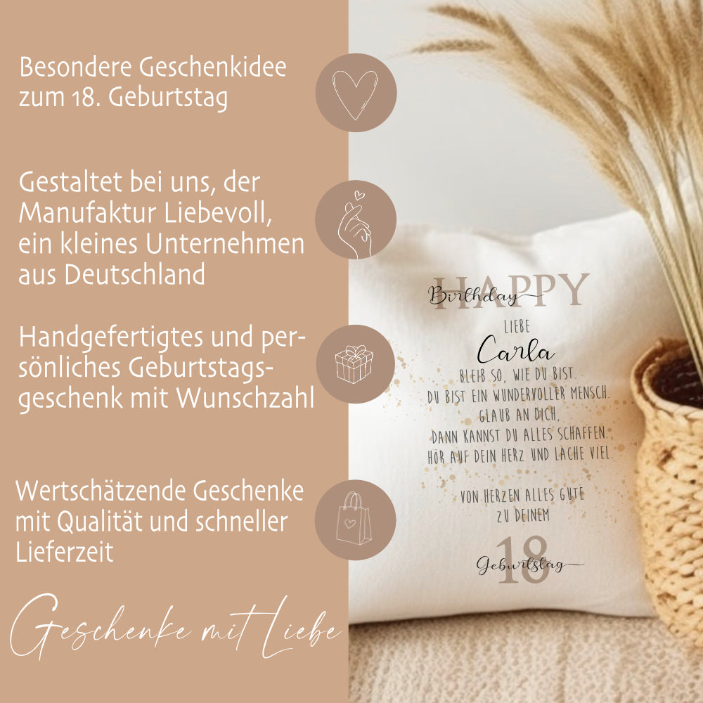 Kissen zum Geburtstag "Happy Birthday" | Personalisiertes Geschenk mit besonderen Geburtstagswünschen | Geburtstagsgeschenk mit Namen und Wunschzahl