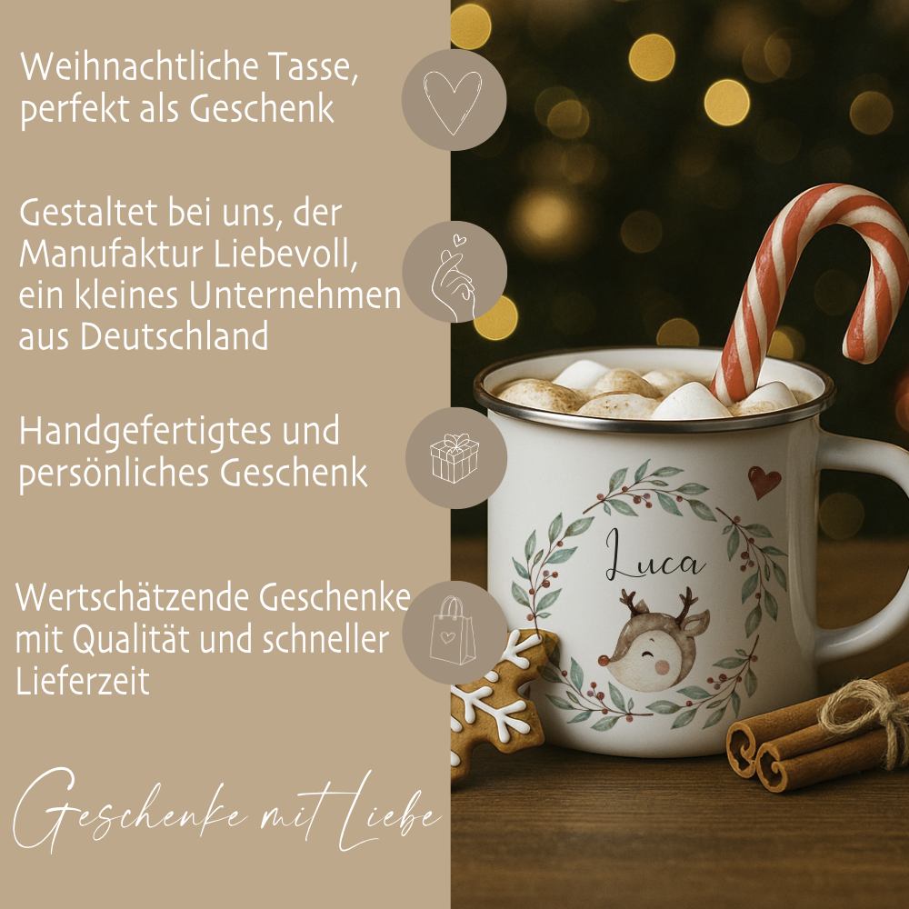Personalisierte Emaille Tasse Weihnachten mit Namen – Kinder Becher Rentier & Herz Motiv – Geschenkidee Advent, Nikolaus, Weihnachtsgeschenk
