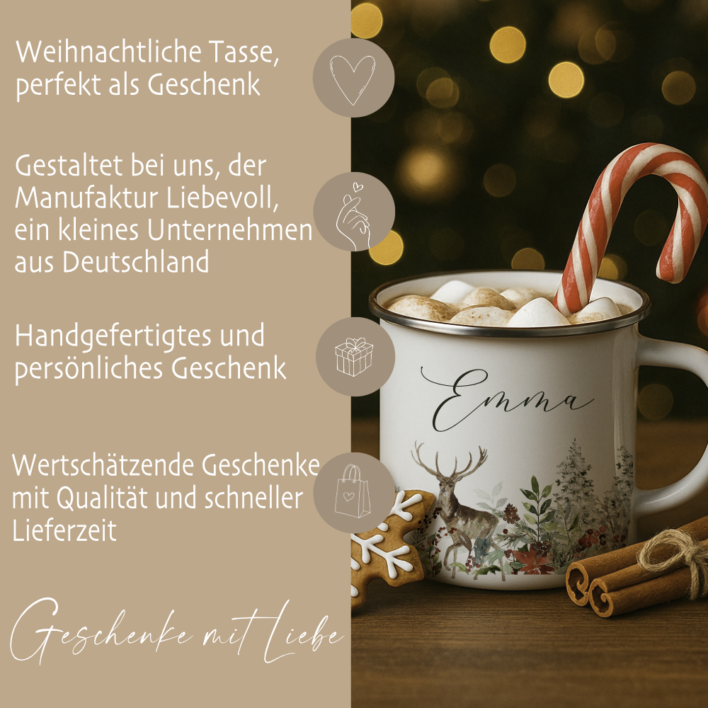 Personalisierte Emaille Tasse Weihnachten mit Namen – Hirsch & Wintermotiv – Geschenkidee Advent & Weihnachtsgeschenk